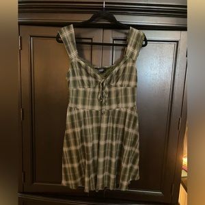 Check V-neck Knotted Lettuce Trim Mini Dress size MEDIUM